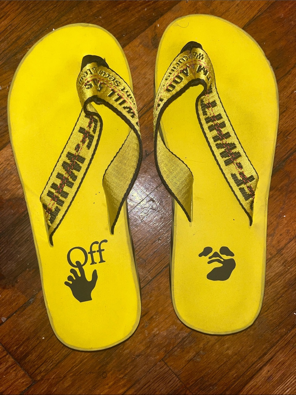 Off-White Yellow Flip Flops with Graphic Detail
